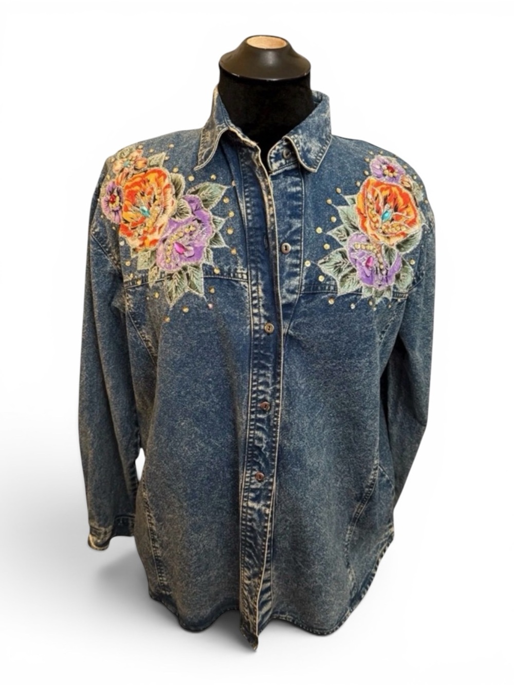 Vintage Acid Wash Floral Appliqué Denim button up
